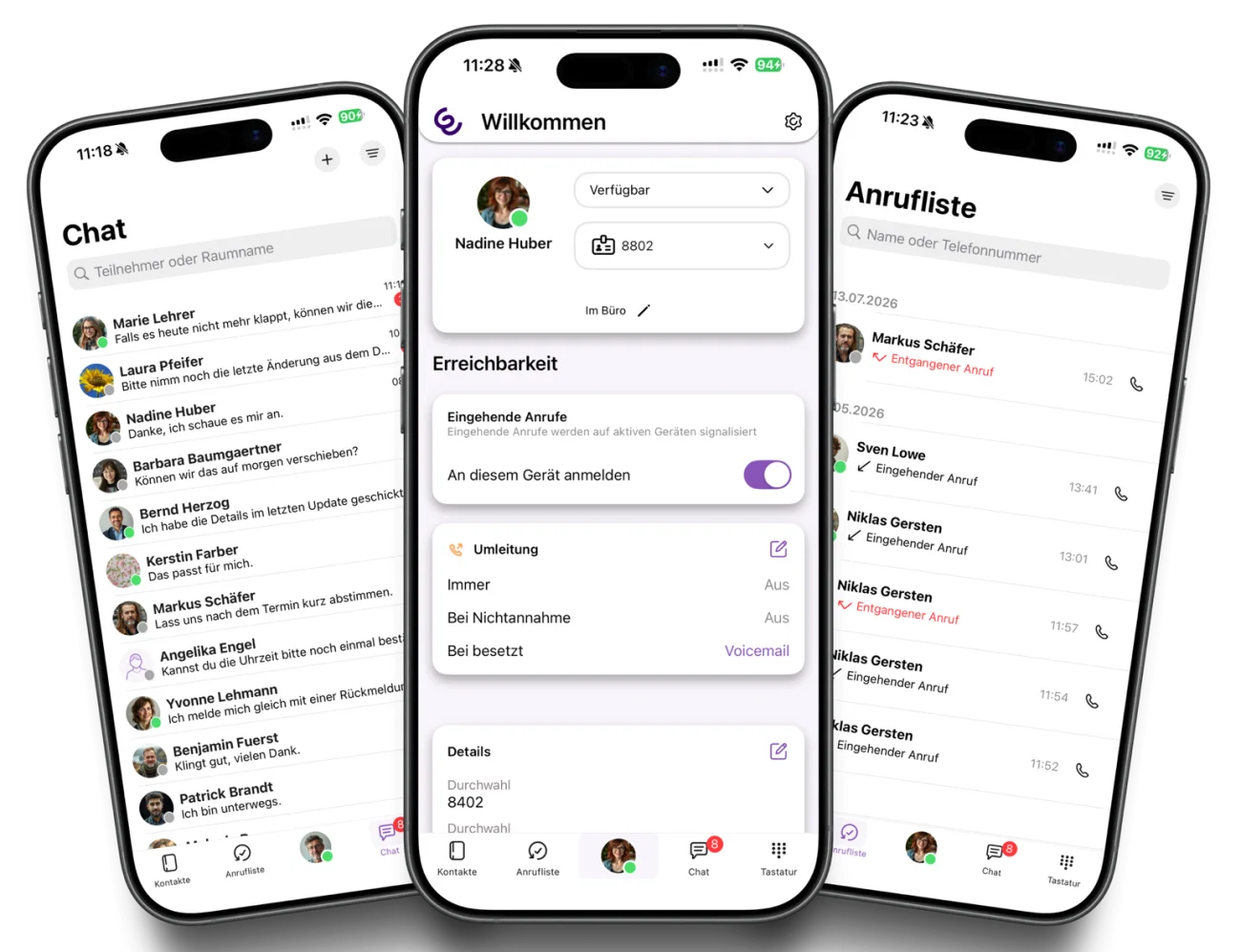Swyx Mobile auf drei Smartphones: Chatliste, Erreichbarkeit mit Status Verfügbar und Umleitungen, Anrufliste mit eingehenden und entgangenen Anrufen.