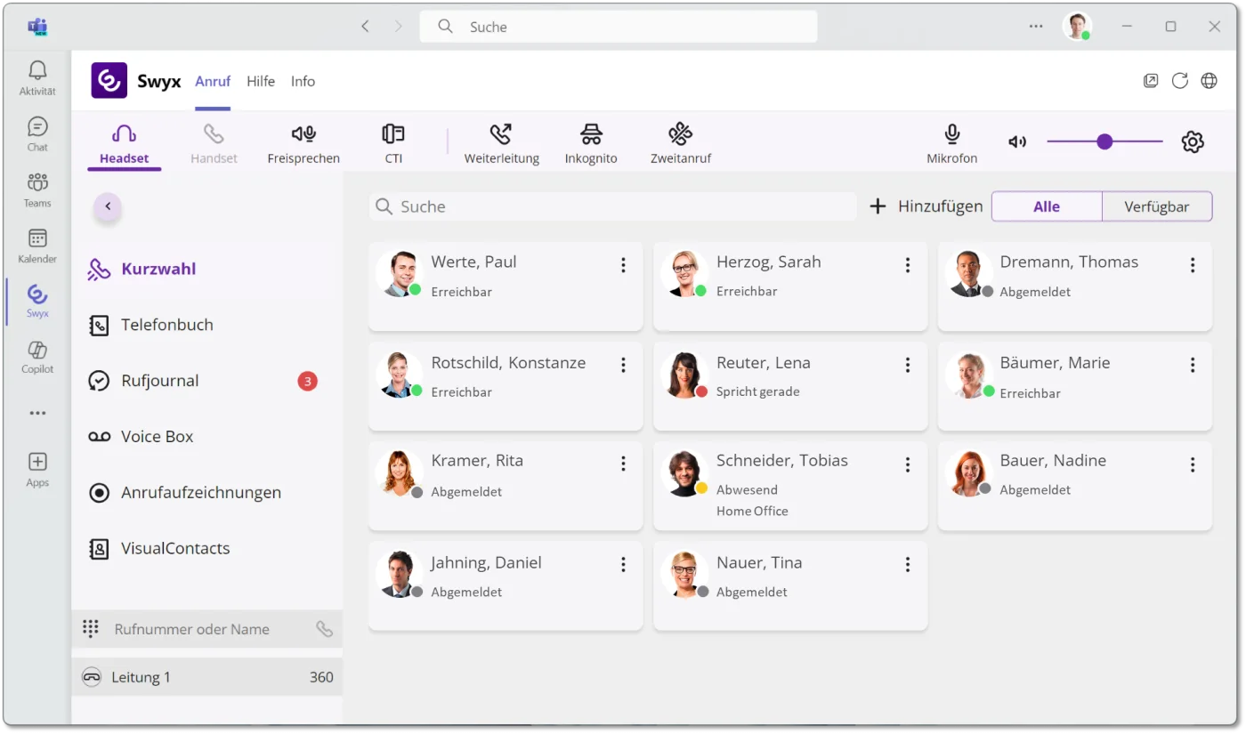 Swyx als App in Microsoft Teams: Kurzwahlen mit Status der Kolleginnen und Kollegen, dazu Telefonbuch, Rufjournal und Voice Box.